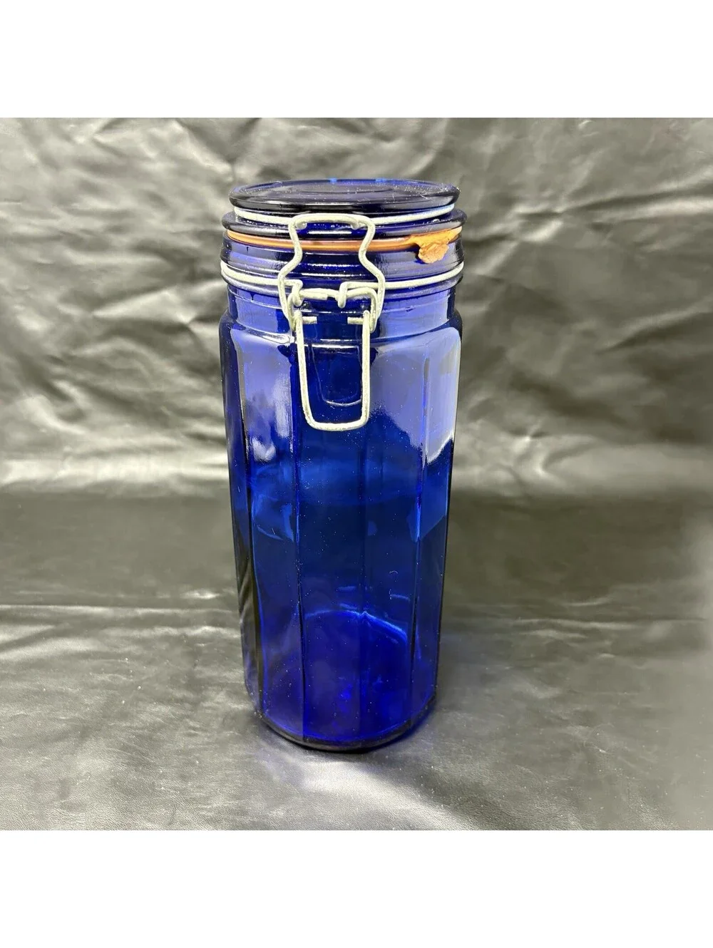 Cobalt Blue Jar Glass Storage Holder With Attached Wire Locking Lid 10” Tall